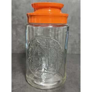 Vintage Anchor Hocking Tang Promotional Cabin Glass Jars Orange Lid